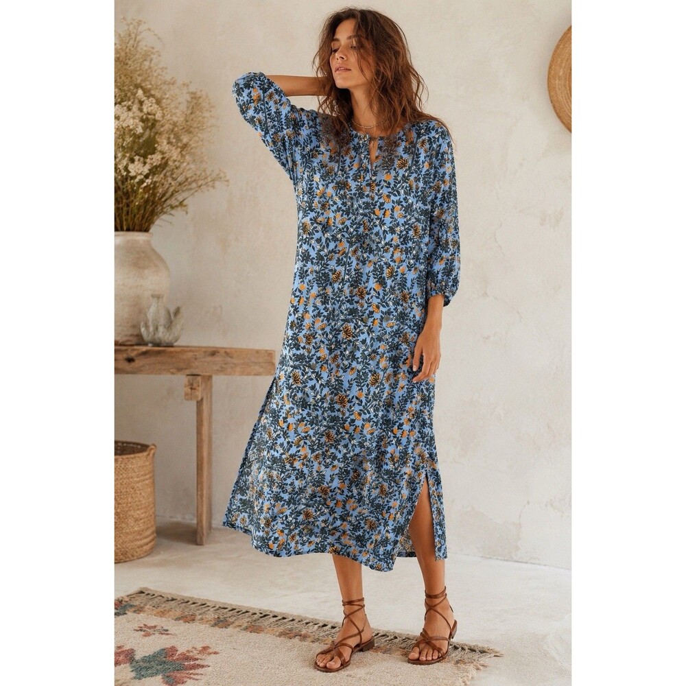 Khaadi Womens Size 8 Blue Floral Midi Dress Cotton Viscose Side Slit 3/4 Sleeve